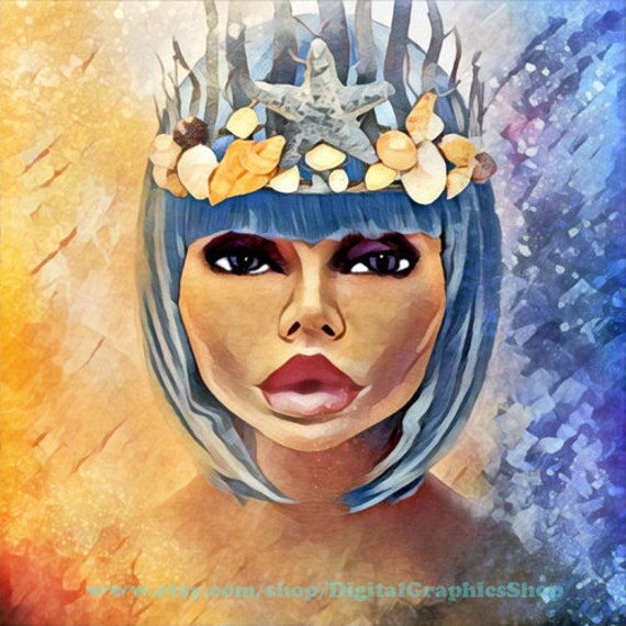 mermaid queen, sea nymph, watercolor art printable, digital print, fantasy art, instant download