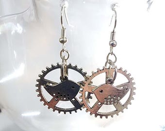 partridge bird gear silver metal charm earrings, dangles steampunk handmade jewelry