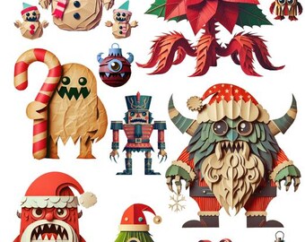 spooky goth christmas monsters paper crafts cut outs digital collage sheets download santa snowman  clipart printable die cuts