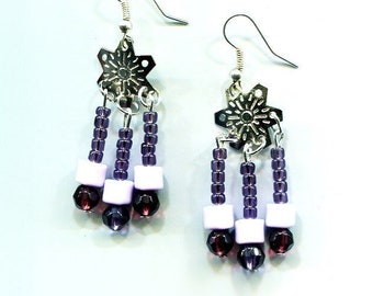purple chandelier earrings dangles silver snowflake earrings glass bead drops handmade jewelry