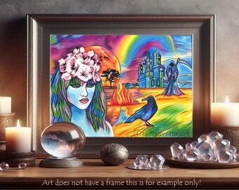 surreal fantasy art, the reaper, spirit woman, abstract original art, drawings, rainbow, crow, castle, heaven, mixed media