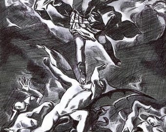fallen angels original art drawing, Arch Angel Michael vs lucifer, ORIGINAL pen ink illustration