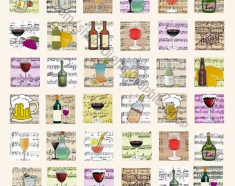 liquor booze alcohol, sheet music, clipart, digital collage sheet, instant download, 1 inch squares, wine beer cocktails images printable