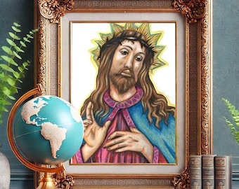 Jesus Christ art original colored pencil drawing, hand drawn artwork color illustration