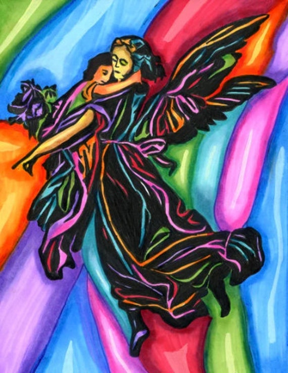 Guardian Angel abstract woman little girl original art markers ink drawing colorful 8.5" x 11" By Elizavella