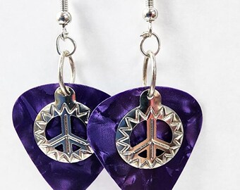 peace sign charm purple guitar pick bead drop earrings dangles handmade music jewelry