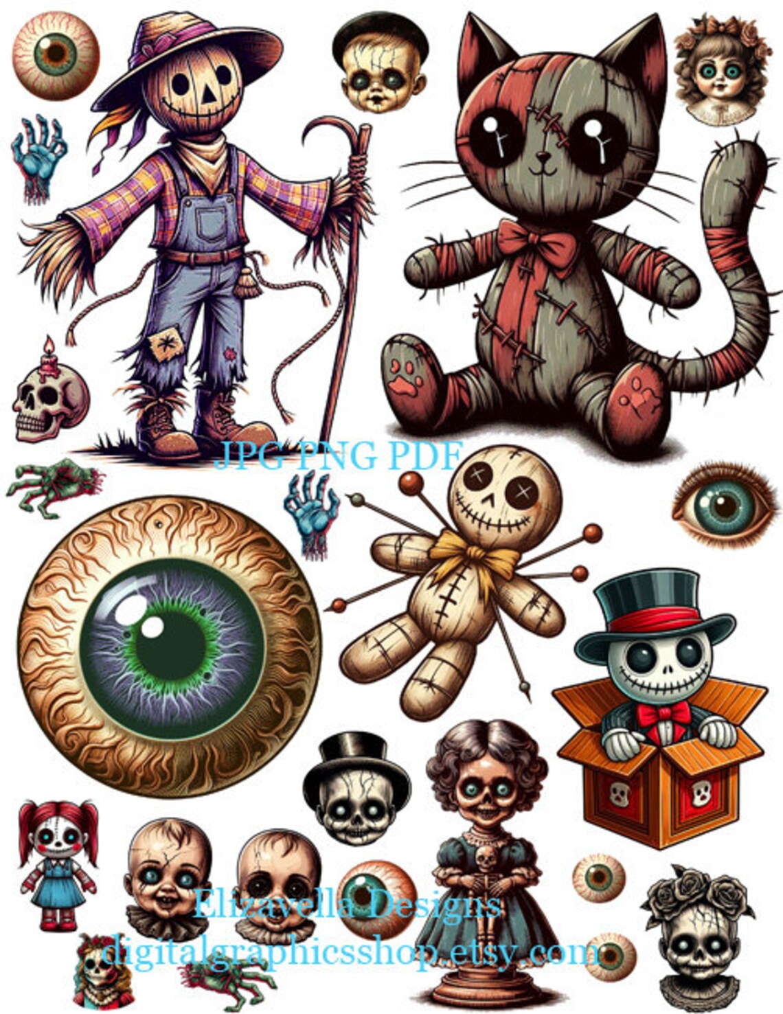 Spooky Horror Art Clipart Collage Sheet Eyes Voodoo Doll Doll Heads Png ...