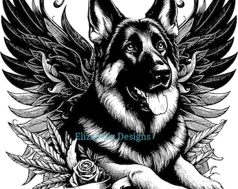 German shepherd dog angel png printable art, jpg, pet memorial animal clipart, digital instant download, police Dog Breed K-9