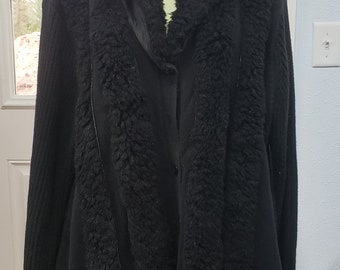 long black fuzzy button down Women's sweater coat collar size XL womans fall winter vintage clothing