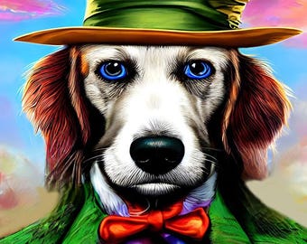 mad hatter dog fairytale animals -original art - surreal 8x10 inch semi gloss fantasy fairytale Anthropomorphic art print