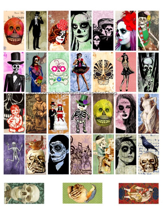 sugar skulls, skeletons, day of the dead, printables, clipart, digital collage sheet, 1" x 2" dominos, instant downloads, dia de los muertos