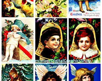 Vintage Christmas, victorian children, bells, angels, digital collage sheet, printables, instant download, 2.5" x 3.5,aceo card images