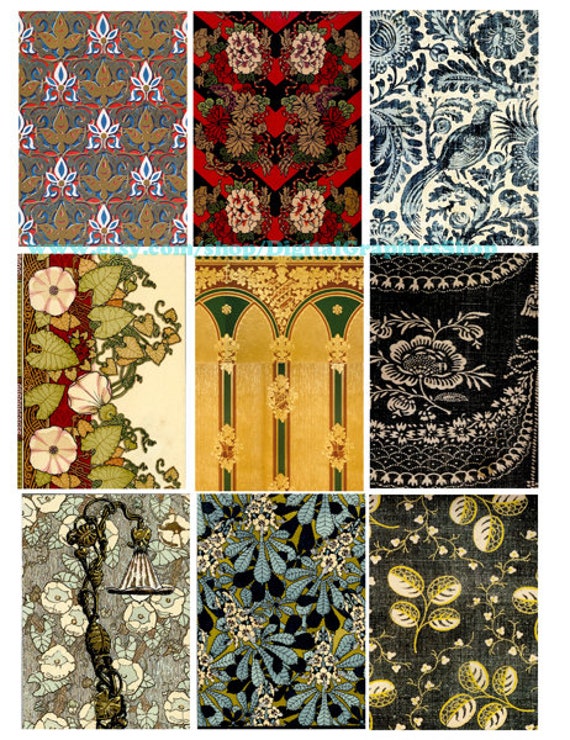 vintage textiles art, fabrics patterns, clipart, instant download, aceo collage sheet, 2.5" x 3.5" images, digital prints, junk journals