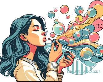 woman blowing soap bubbles png clipart, womans face png jpg printable COLOR ILLUSTRATION art digital download