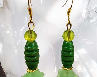 green bead drop flower dangles earrings wood glass handmade jewelry