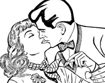 LOVERS coloring pages, adult coloring page, couple kissing, Vintage comics, printable pin up girl, line art, digital print, instant download