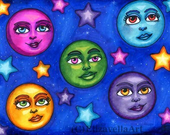 moon faces original art drawings markers fantasy celestial fairytale pen ink artwork Elizavella