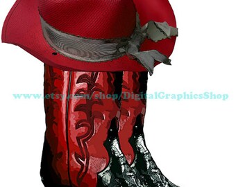 red cowgirl hat & cowgirl boots art printable, clipart png, country western, rodeo art, instant download, digital prints