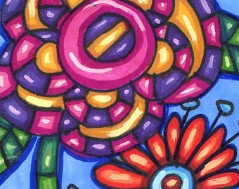 abstract flowers drawing aceo original flower art atc whimsical modern miniature folk art
