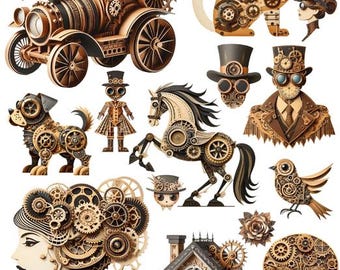 Steampunk paper crafts cut outs digital collage sheets download men women animals  steam punk clipart printable die cuts