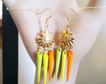 gold flower earrings, chandelier earrings, neon colors , multicolor ,spike drops, long dangles, handmade jewelry, yellow orange green