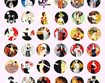 deco flapper girls 1920s women art collage sheet 1 inch circles clipart digital downloadable graphics images crafts pendant printables