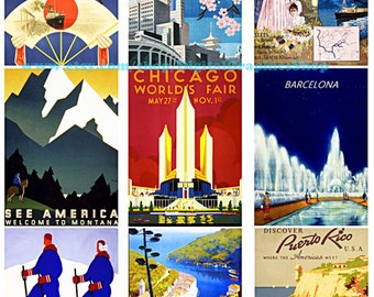 vintage world Travel posters art, vacations, clipart, instant download, aceos printable, digital collage sheet, 2.5" x 3.5", digital prints