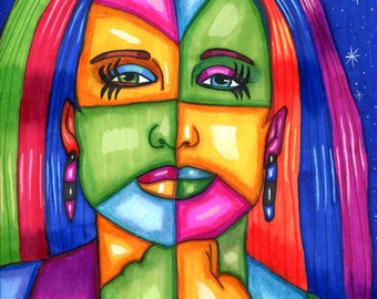 Lady Of The Stars abstract original art markers drawings colorful womans face " 9"x 12"