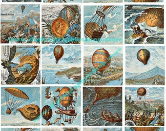 vintage hot air balloons, collage sheet, 2" inch squares, clipart, instant download, digital print, craft printables