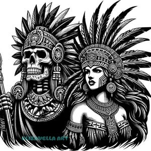 Skelett Azteken Krieger Mann Png, Azteken Königin Krieger Frau Png Tag der Toten Clipart druckbar Mexikanische Indianer Kunst Digitaldruck Download