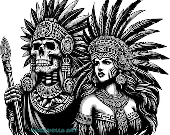 skeleton aztec warrior man png, aztec queen warrior woman png day of the dead clipart printable Mexican indian art digital print download