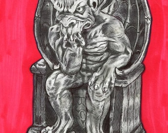 ORIGINAL gargoyle king pen ink drawing fantasy beasts fairytale illustration outsider art