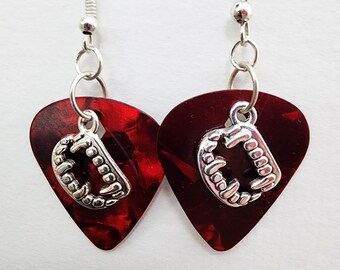 vampire fangs teeth charm red guitar pick earrings dangles handmade unisex music jewelry