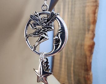 fairy charm earrings, moon face star earrings, hoops, antique silver tone, wicca, wiccan, dangles, handmade metal jewelry
