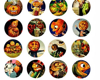 vintage jacko lantern pumpkins halloween 1.5" circles collage sheet clipart digital download diy jewelry printables