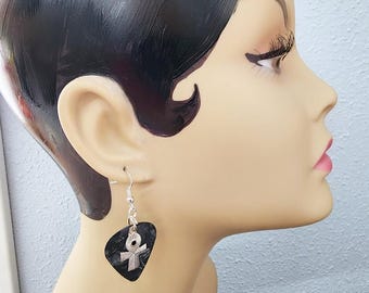 ankh cross charm black guitar pick earrings dangles handmade unisex music jewelry