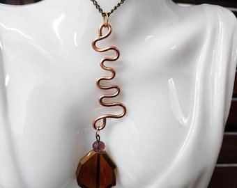 copper wire big glass bead long NECKLACE brown bronze chain handmade jewelry