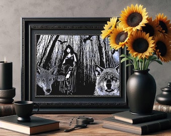 Goth Red Riding Hood wolf pack dark fantasy ink art print werewolves horror fairytales artwork