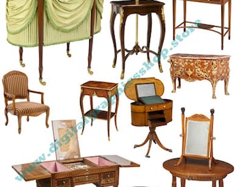 Victorian antique vanity furniture Digital clipart set png jpg Collage Sheet print download
