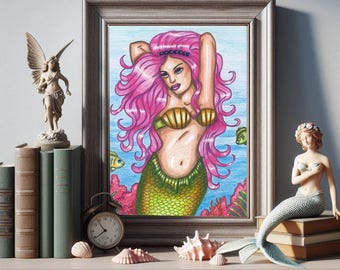 mermaid queen original art print colred pencil drawing fantasy fairytale outsider art By Elizavella