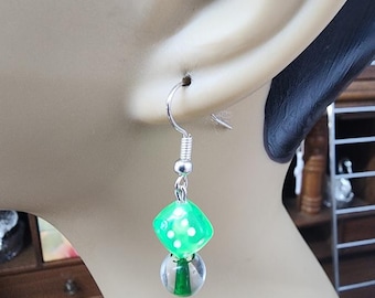 green dice bead drop earrings dangles acrylic glass casino gambling handmade jewelry