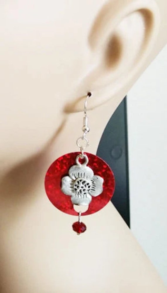 silver flower earrings, red earrings, dangle drops, sequins, handmade jewelry, sparkly glittery