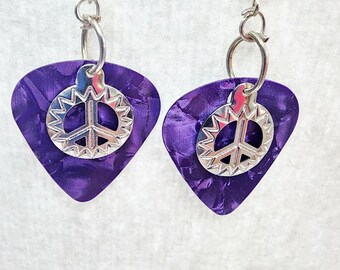 peace sign charm purple guitar pick earrings dangles handmade unisex music jewelry