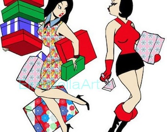 christmas cartoon pinup girls art shopping jpg logo clipart png overlay printable digital instant download graphics