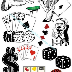 dice, cards, poker chips, gambling, casino games, clipart png jpg, icons, printable art, digital print, instant download, junk journals