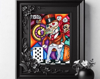 skeleton man top hat -original day of the dead art print surreal dark fantasy 8x10 inch