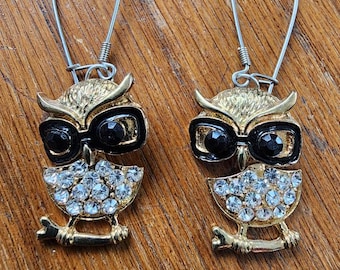 gold crystals metal Owl Earrings long dangles bird animal Jewelry
