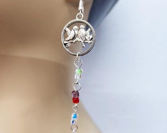 glass bead drop love birds hoop earrings metal charms long dangles handmade jewelry