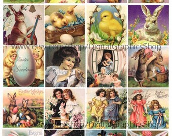 vintage easter postcard bunny rabbit baby chicks clip art collage sheet 2 inch squares graphics images digital download craft printables