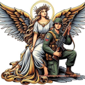 Guardian Angel woman with American soldier png patriotic art logo military vet clipart Logo jpg color illustration